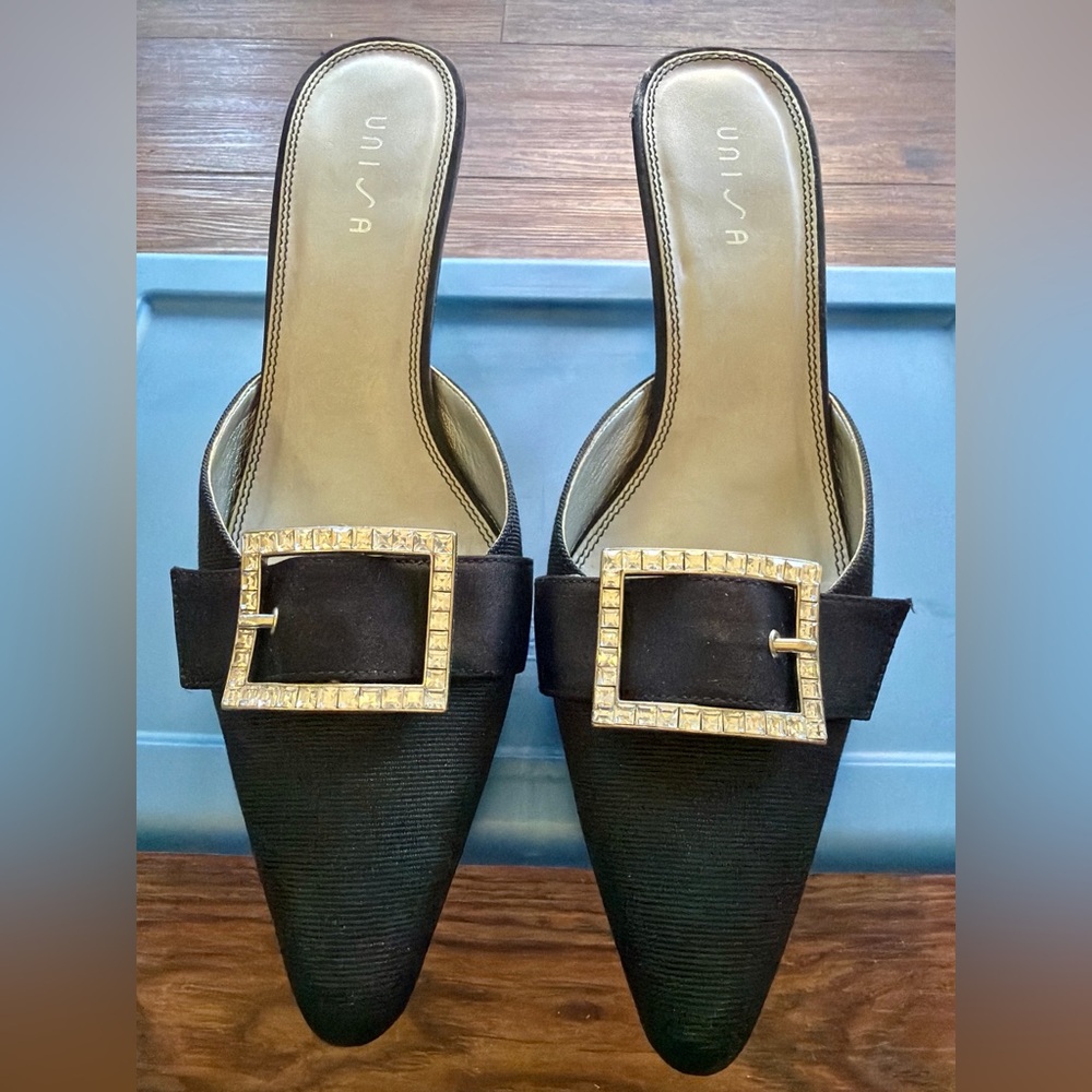 Unisa Black Satin Mule Heels Rhinestone Buckle Pointed Toe Size 7
